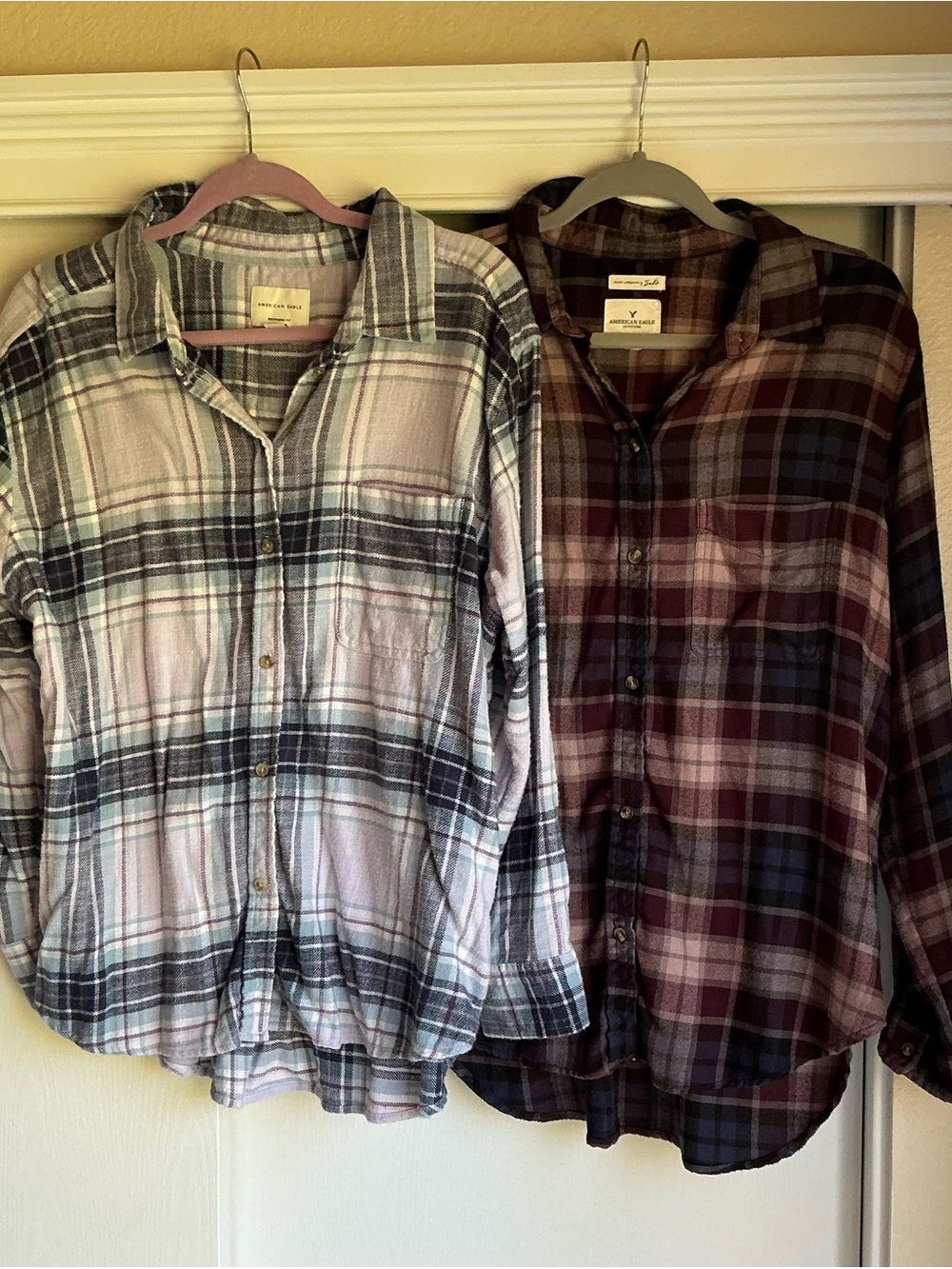 American Eagle Outfitters Plaid Button-Down Shirts - Gray & Burgundy